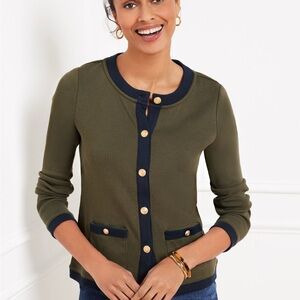 Talbots Olive Green and Navy Button-Front Cardigan